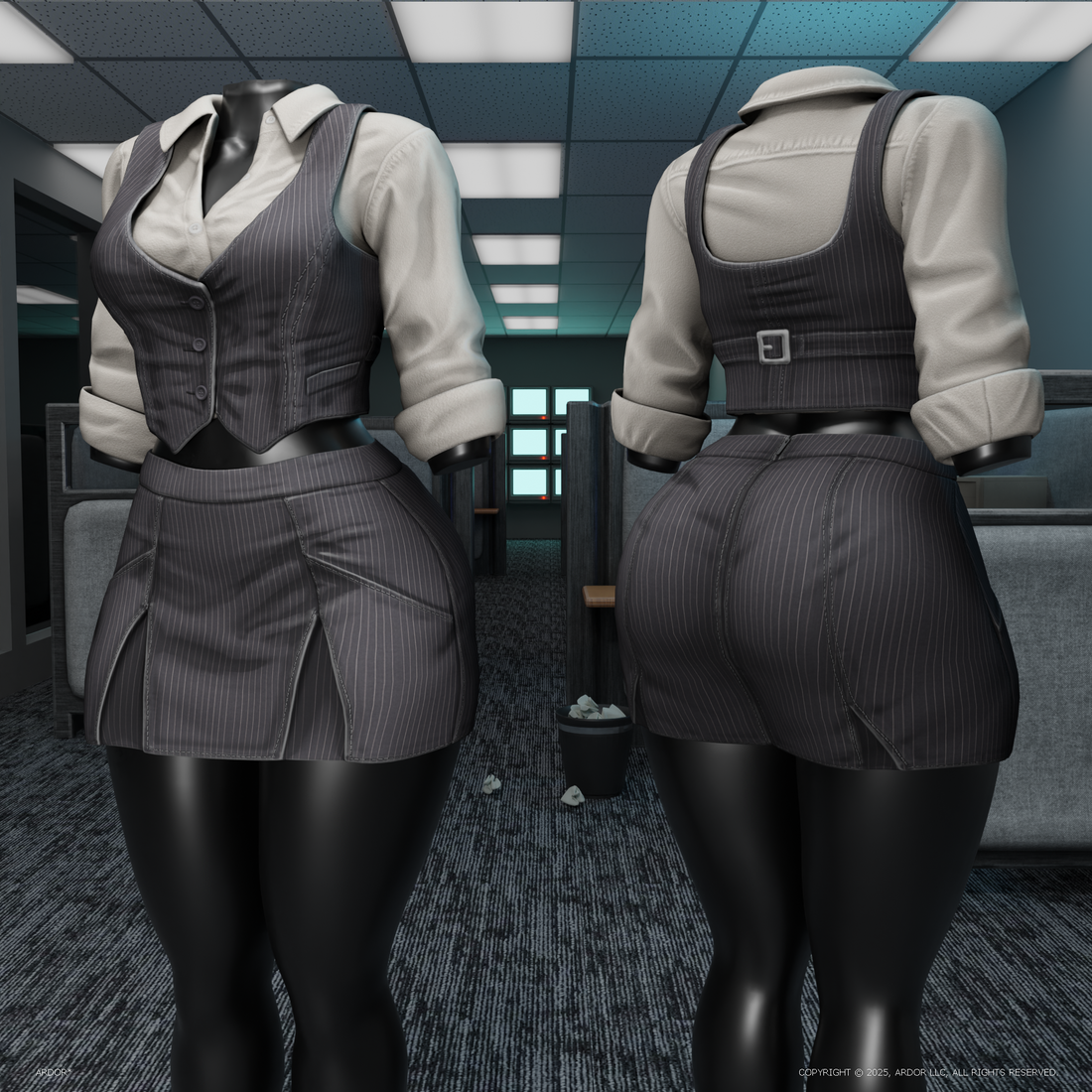 delectable* waist coat & office mini skirt.