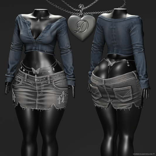 (SecondLife) delectable* unbuttoned henley + lowrise skirt + butterfly chain